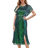 Sequin Dress for Women Crew Neck Short Sleeve Sparkly Glitter Dresses Slit Elastic Waist Cocktail Party Club Dress