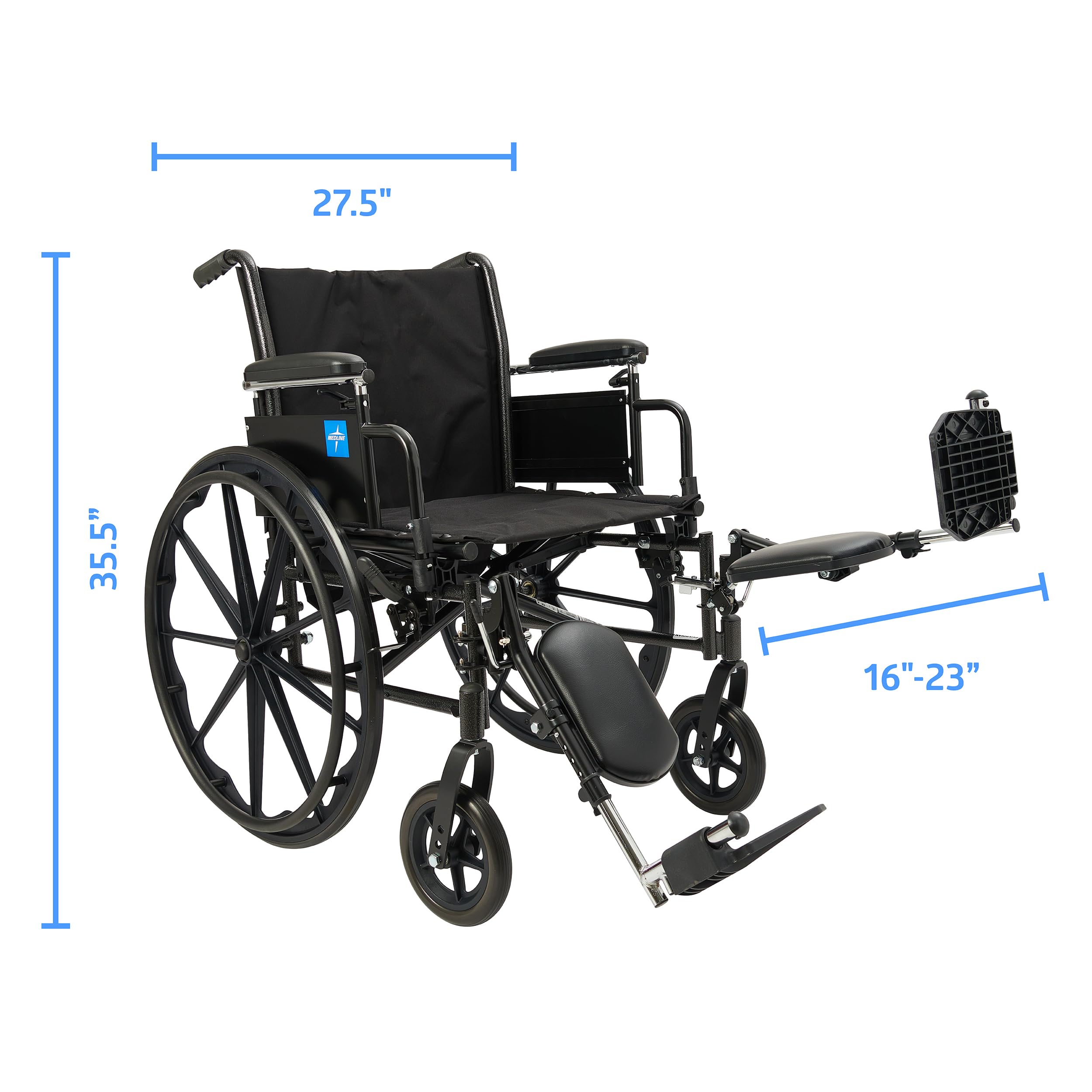 Medline 20” Height Adjustable K3 Wheelchair with Swing-Back Desk-Length Arms & Elevating Legrests, 300 lbs. Capacity Transport Aid, Adults & Seniors,Black