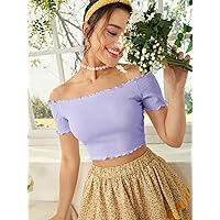Women's Tops Women's Shirts Sexy Tops for Women Lettuce Trim Off Shoulder Tee (Color : Lilac Purple, Size : Medium)