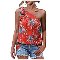 Womens One Shoulder Tops Floral Print Summer Lightweight Comfy Chiffon Shirts Tie Bow Knot Sleeveless Loose Tank Tops