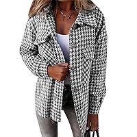 Flygo Womens Houndstooth Woolen Coat Plaid Shirt Lapel Shacket Jacket Fall Outwear