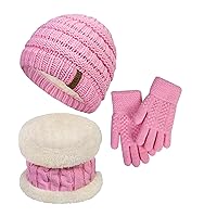 3 Pcs Kids Winter Beanie Hat Scarf Gloves Set Thick Knit Warm Fleece Lined Beanie Caps Mittens for Boys Girls Gifts
