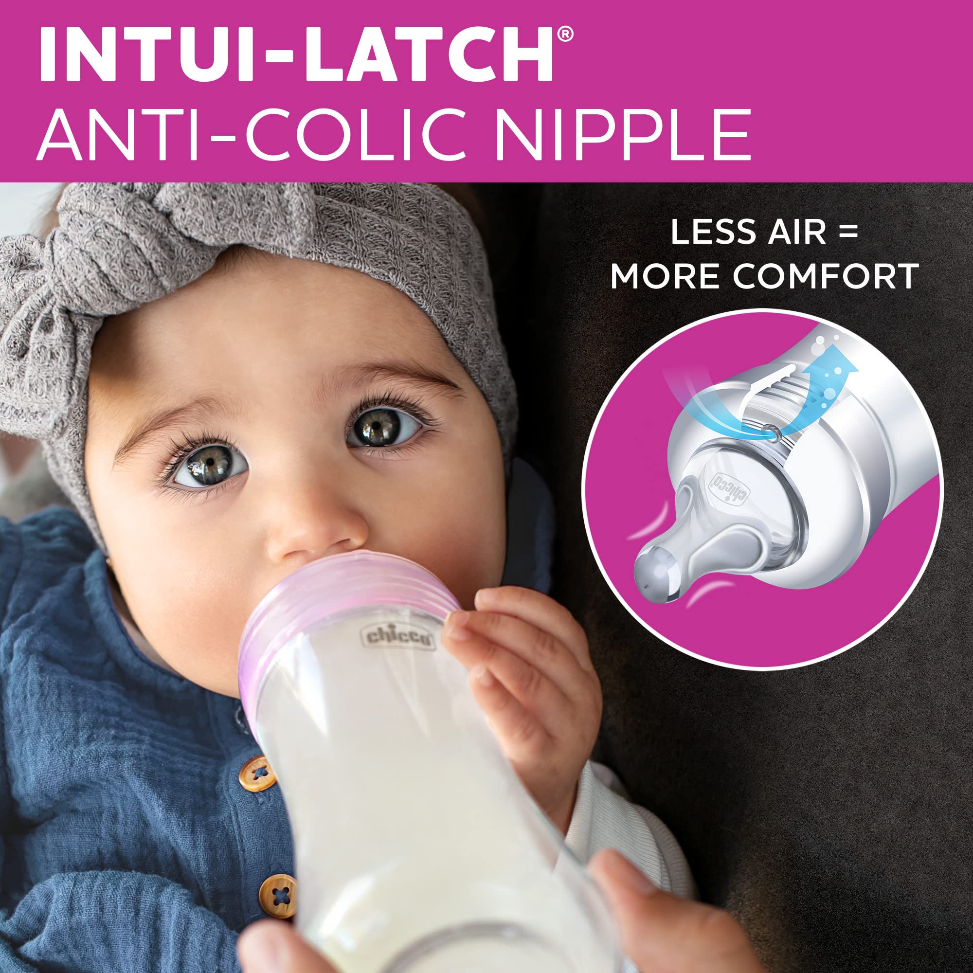 Chicco Duo 100% Silicone Intui-Latch Baby Bottle Nipple with Anti-Colic Valve | Skin-Like Texture and Breast-Like Flow | Stage 3, Fast Flow | 2pk | 6+ Months