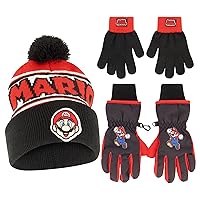 Nintendo Boys Winter Hat with Knit Gloves and Insulated Ski Glove Set, Super Mario For Age 4-7
