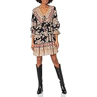 Angie Women's Long Sleeve V-Neck Dress with Tassels and Tiered Skirt, Black, Small