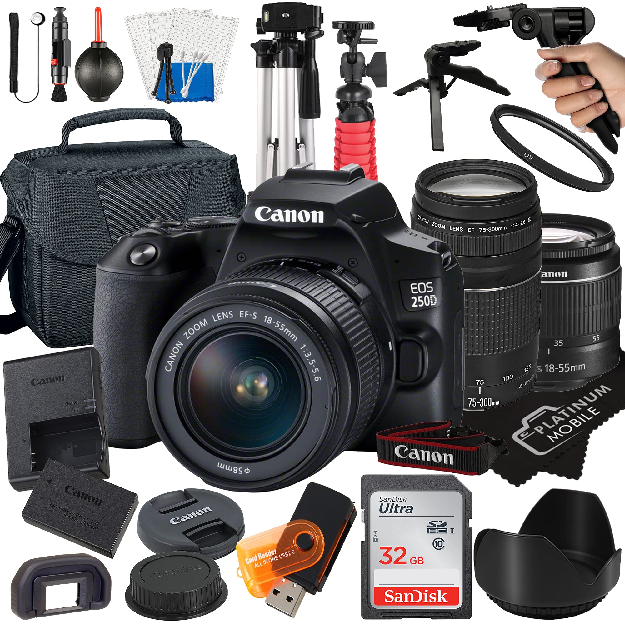 Canon EOS 250D / Rebel SL3 Digital SLR Camera 24.1MP CMOS Sensor with EF-S 18-55mm + EF 75-300mm Lens + SanDisk 32GB Card + Tripod + Case + MegaAcc...