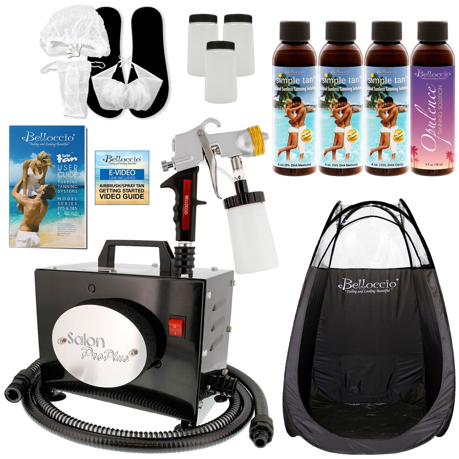 Salon Pro Plus T200-11, 2 Stage Turbine Sunless HVLP Spray Tanning System; Simple Tan 4 Solution Variety Pack, Tent, Accessories & Video Link