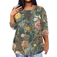 Plus Size Tops for Women Fashion Graphic T-Shirts 3/4 Sleeve Crew Neck Blouse Spring Causal Tees Shirts