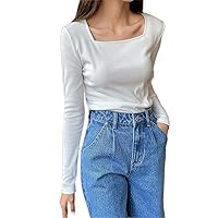 Women's Tops Sexy Tops for Women Shirts Square Neck Ribbed Knit Tee (Color : White, Size : X-Large)