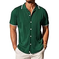 COOFANDY Men's Knit Button Down Shirt Vintage Short Sleeve Polo Shirts Casual Beach Tops