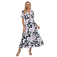 VintageClothing Womens Floral Summer Dresses Wrap V Neck Casual Boho Long Dress Flowy Maxi Beach Wedding Guest Dresses 2024