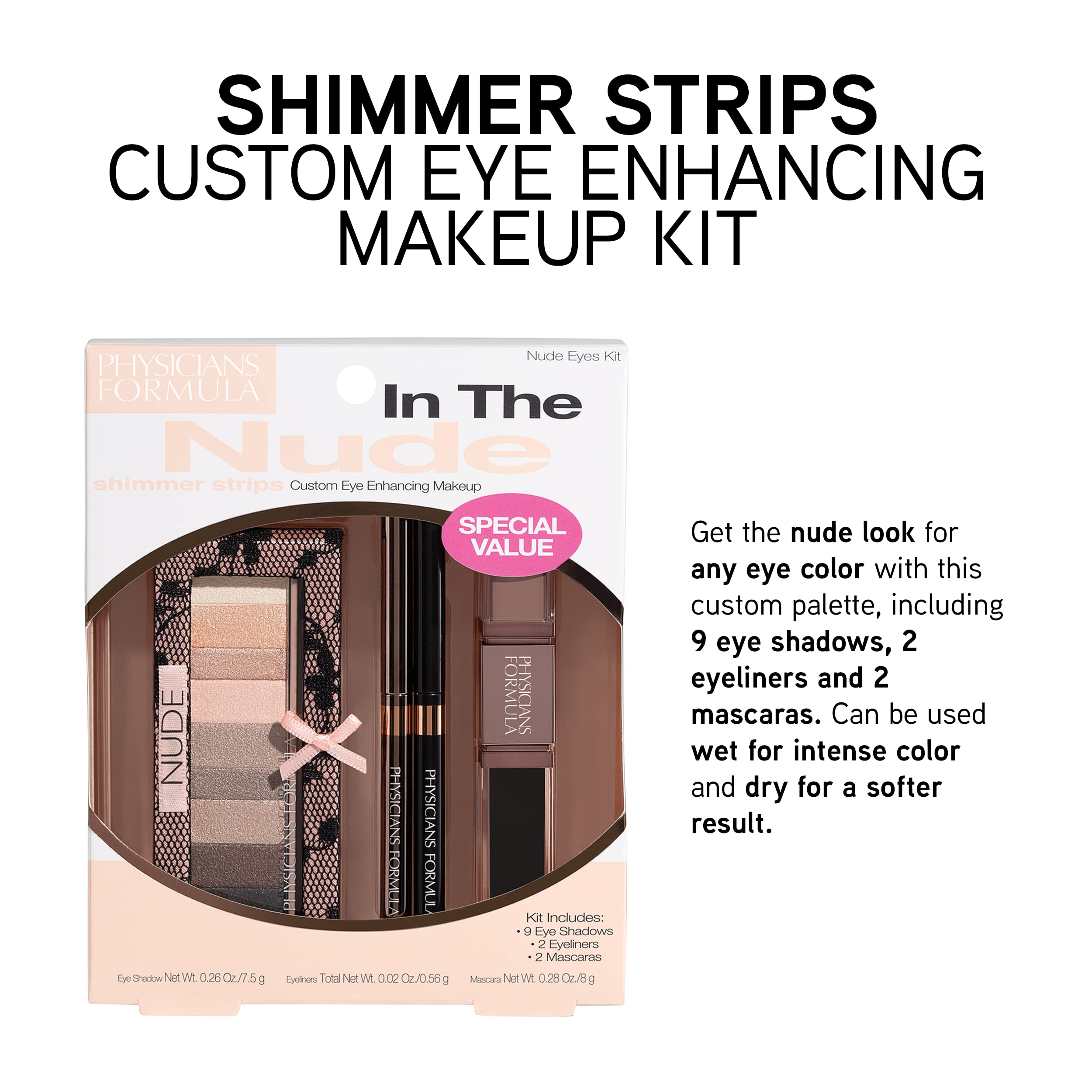 Physicians Formula Shimmer Strips Custom Eye Enhancing Kit with Eyeshadow, Eyeliner & Mascara, Nude