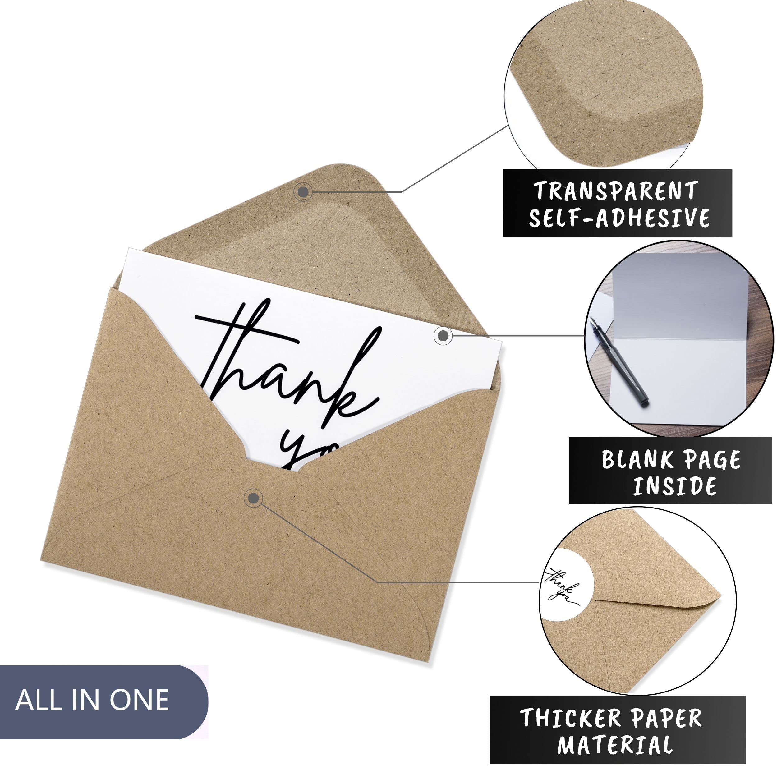 Layneria 100 Bulk Thank You Cards with Kraft Envelopes and stickers - 4 Minimalistic Designs Blank Thank You Notes with Envelopes for business Wedding Bridal Gift Baby Shower Business Graduation