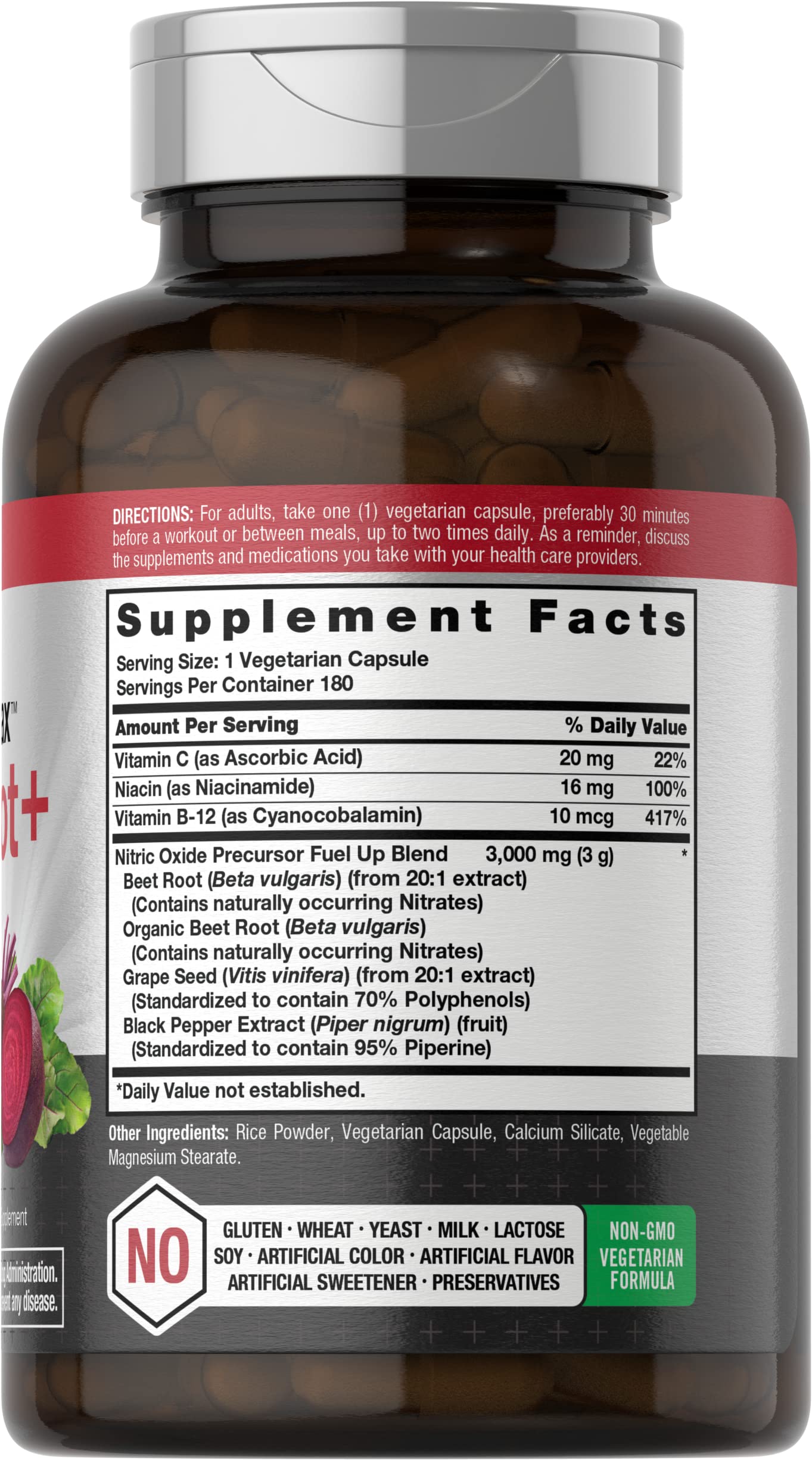 Nitric Oxide Beet Root Capsules | with Nitrates | 180 Count | Nitric Oxide Precursor | Vegetarian, Non-GMO, Gluten Free Supplement | by Horbaach