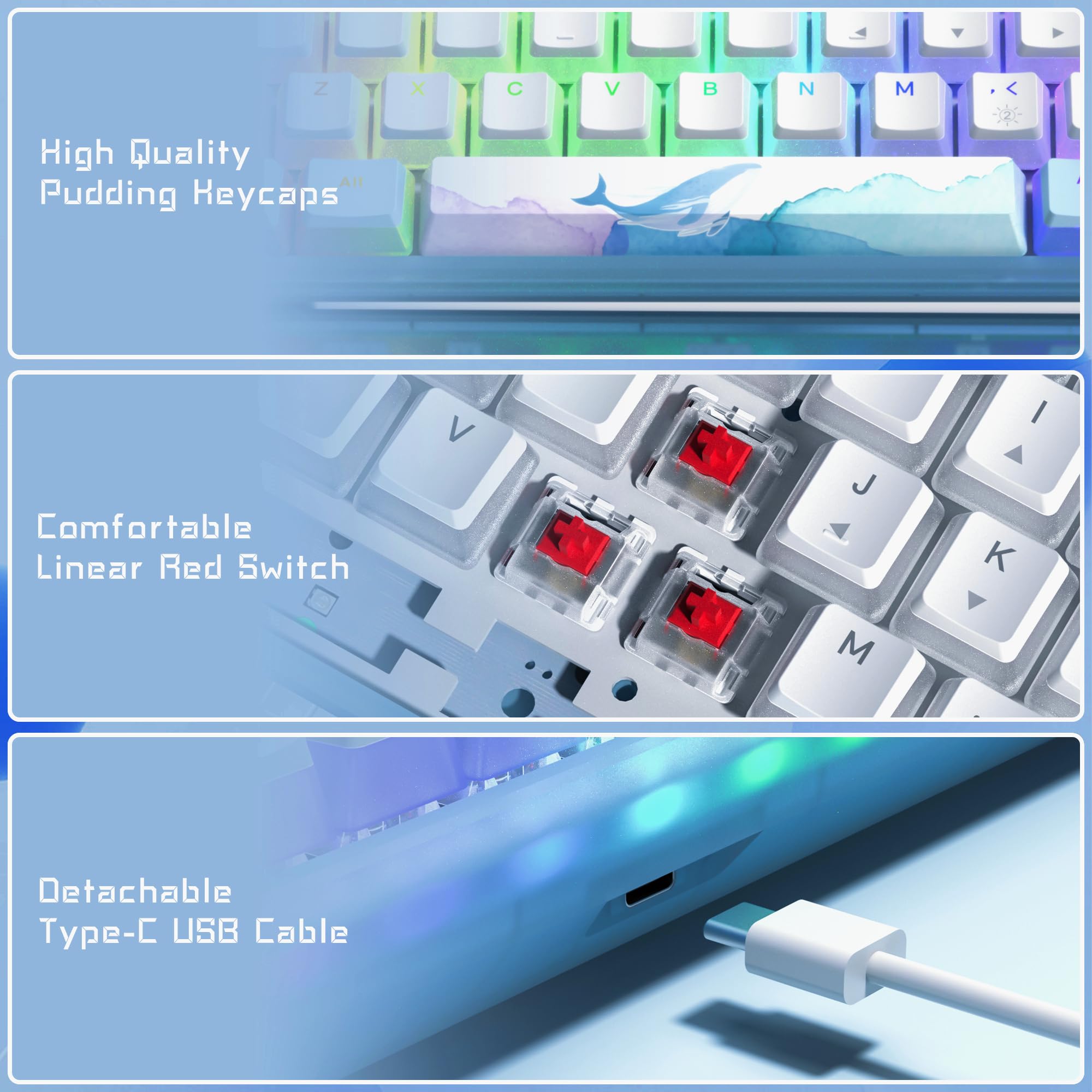 Womier WK61 60% Keyboard, Hot-Swappable Keyboard Ultra-Compact RGB Gaming Mechanical Keyboard w/Pudding Keycaps, Linear Red Switch, Pro Driver/Software Supported - Glacier Blue