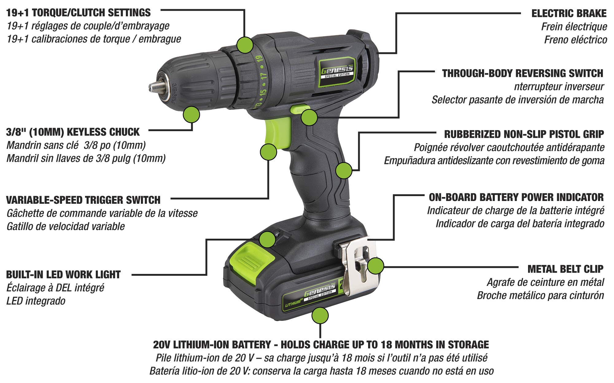 Genesis GLCD20CSE Special Edition 20V Lithium-Ion Cordless Drill/Driver with Built-in LED Light, 19+1 Torque Position Settings, Removable/Rechargeable Battery and Charger Included