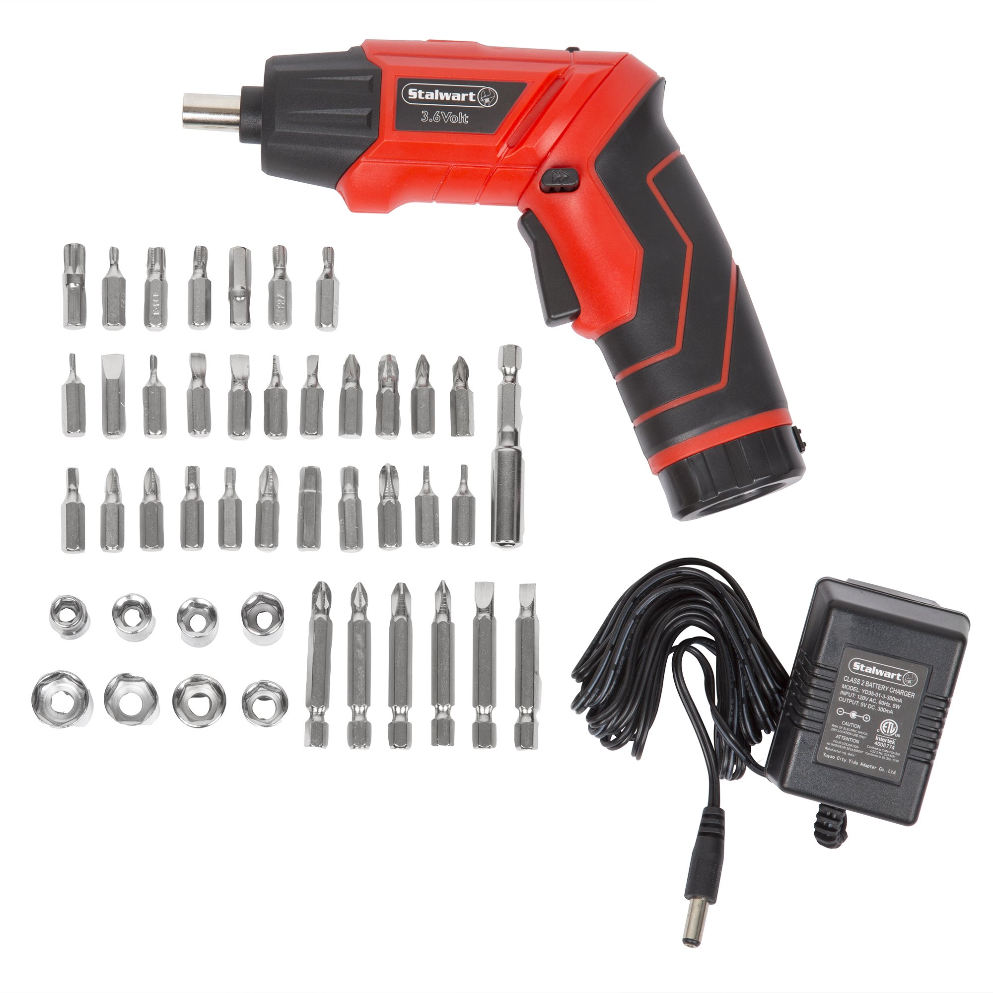 Stalwart - 75-PT1000 Pivoting Screwdriver 45 Pc. Set-Pivoting Cordless Power Tool with Rechargeable 3.6V Battery, LED Lights, Bits, Sockets, and Case by Black