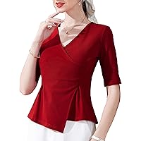 Casual Cotton Tops for Women, Summer Solid V Neck Half Sleeve Irregular Patchwork Blouses Elegant Formal Work Shirt