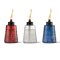 TIKI, Brand Molded Glass, Decorative Table Top Torch for Outdoor Lawn, Patio, and Garden White & Blue (Set of 3), 1117213, Red, White and Blue