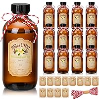 12 Pack 8 Ounce Amber Glass Bottle Boston Round Bottles with Caps Brown Vanilla Extract Bottles and 12 Pcs Vanilla Extract Stickers for Syrup Gift Glass Food Storage Canister Set Sauce Beans