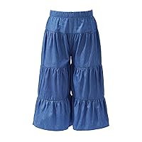 FEESHOW Kids Girls Elastic Waistband Wide Leg Pants Blue Loose Fit Plaid Ankle Length Pull-on Ruffle Trousers