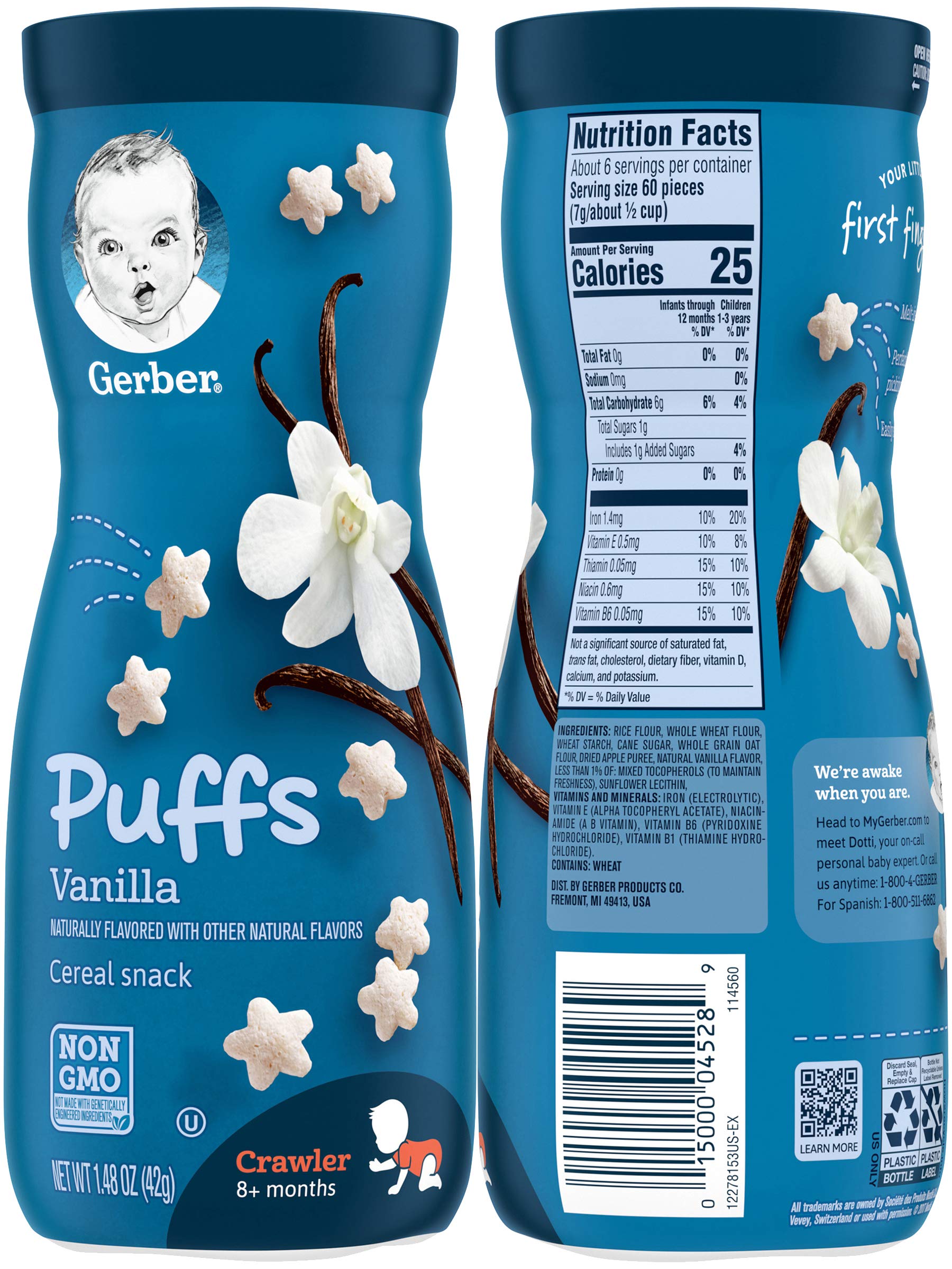 Gerber Graduates Puffs Cereal Snack, Variety (Blueberry, Apple Cinnamon, Vanilla, Strawberry Apple)1.48 Oz,(Pack -4)