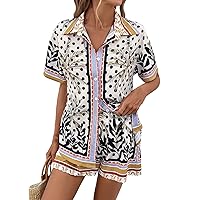 GORGLITTER Women's 2 Piece Tropical Dots Print Outfit Button Down Shirt Elastic Waist Shorts Set