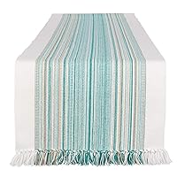 DII Everyday Collection Fringed Stripe Tabletop, Table Runner, 14x72, Teal