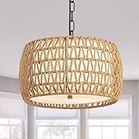 Rattan Pendant Light 12.4'' 3-Light Farmhouse Chandelier for Dining Room Boho Pendant Light with Fabric Shade Rustic Chandelier Drum Hanging Lamp for Kitchen Island Living Room Bedroom