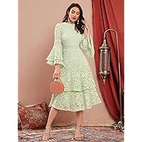 Women's Dresses Casual Wedding Bell Sleeve Layered Ruffle Hem Guipure Lace Dress Wedding Guest (Color : Mint Green, Size : X-Small)