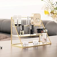 FSyueyun Gold Makeup Organizer Case Vanity, 3 Layers Glass Makeup Storage Cosmetics Organizer Earring Ring Holder Display Case