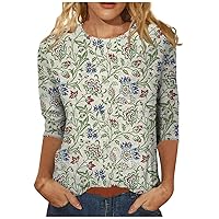 Women's T-Shirts Crew Neck Loose Fit Casual Blouses Dressy Cute Floral Shirts Trendy Boho 3/4 Sleeve Tops