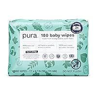 Pura Baby Wipes 3 x 60 per pack (180 Wipes) 100% Plastic-Free & Plant Based Wipes, 99% Water, Suitable for Sensitive & Eczema-prone Skin, Fragrance Free & Hypoallergenic, EWG, Cruelty Free