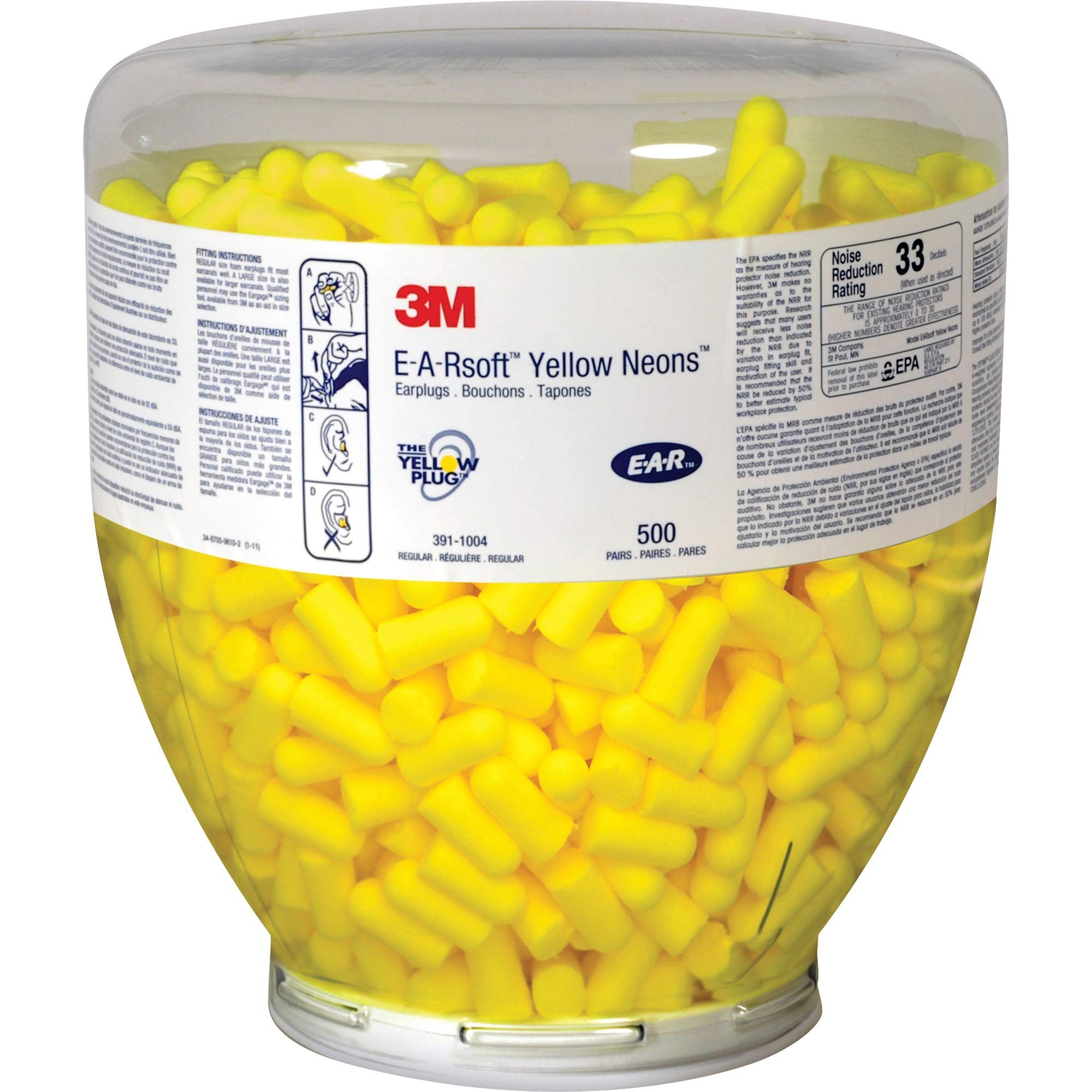 3M Ear Plugs, 500 Pairs/Refill Bottle for One Touch Dispenser, E-A-Rsoft Yellow Neons 391-1004, Uncorded, Disposable, Foam, NRR 33, Drilling, Grind...