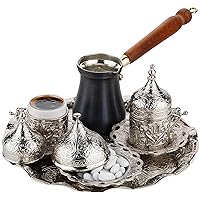 DEMMEX 2024 Turkish Greek Arabic Coffee Making and Serving Full Set with Cups Saucers Lids Sugar Bowl Tray and Antiqued Copper Coffee Pot, 12 Pcs (Silver)