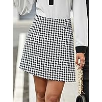 Houndstooth Print Asymmetrical Hem Skirt (Color : Black and White, Size : Medium)
