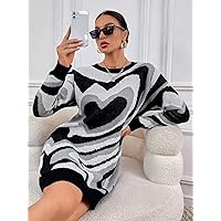 TLULY Sweater Dress for Women Heart Pattern Drop Shoulder Sweater Dress Sweater Dress for Women (Color : Black, Size : Small)