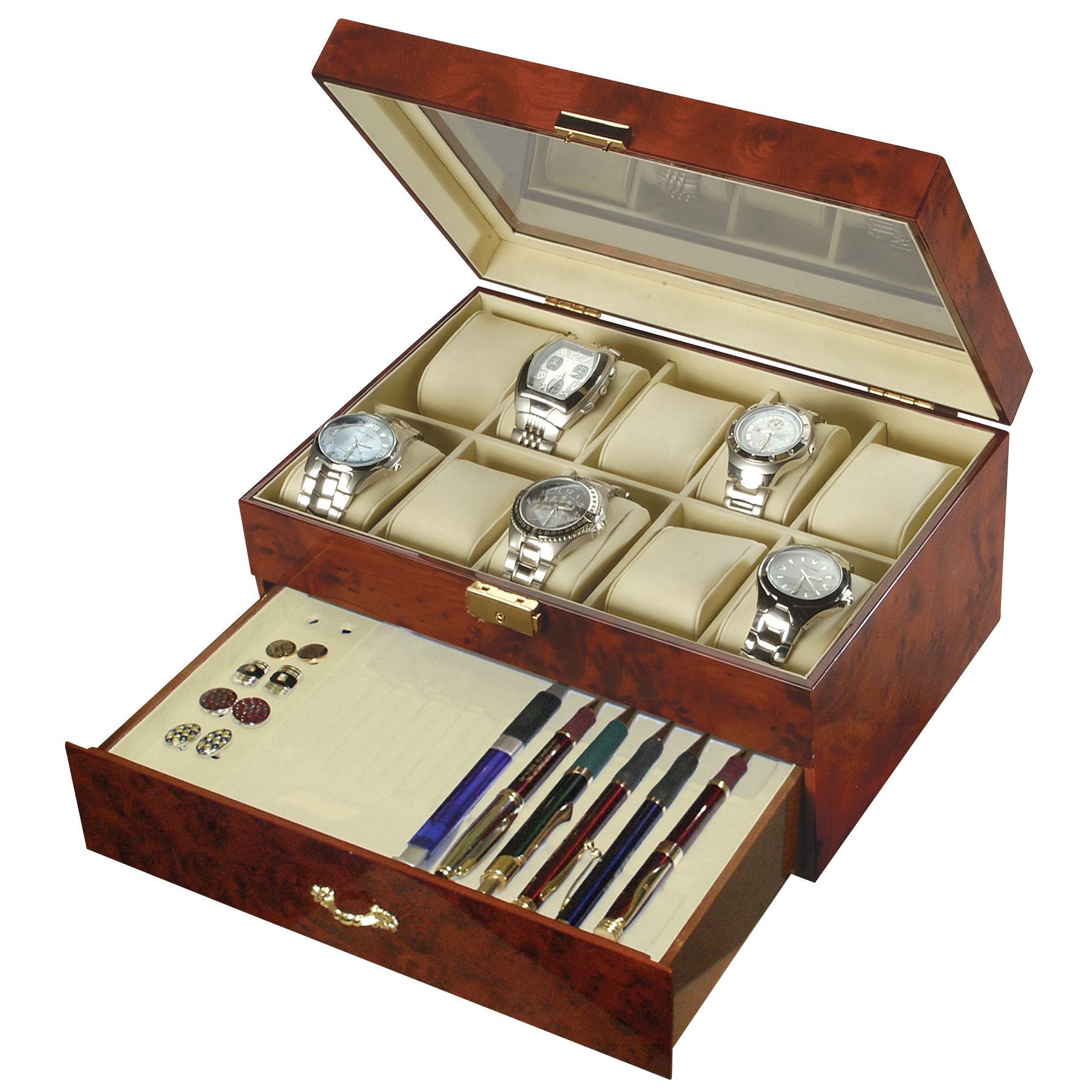 Diplomat Burl Wood 10 Watch and Pen Storage Chest