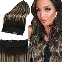 Full Shine Invisible Wire Hair Extensions Real Human Hair Ombre Natural Black Mixed Honey Blonde 20 Inch Remy Human Hair Extensions with Transparent Fish Line 80G Secret Extensions