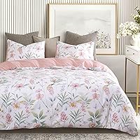 Wake In Cloud - Floral Comforter Set, Pink Botanical Flowers and Green Tree Leaves Pattern Printed on White, Soft Microfiber Bedding (3pcs, King Size)