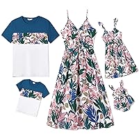PATPAT Family Matching Outfits Floral Stripe Printed Belted Slip Bowknot Cami Dresses and Short-Sleeve T-Shirts with Pocket