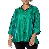 MULTIPLES Women's Plus Size Turn-up Cuff Three Quarters Sleeve Button Front Hi-lo Shir