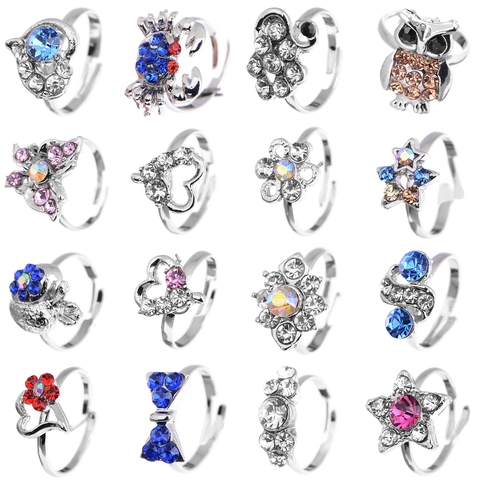 Shuning Children Kids 20pcs Cute Crystal Adjustable Rings Jewelry with Gift Bag