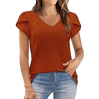 WIHOLL Womens Tops Dressy Casual Short Sleeve Summer Shirts Loose Fit Fashion V Neck Waffle Knit