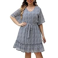 Celkuser Womens Plus Size Summer Casual Ruffle Short Sleeve Floral Print Flowy Loose Midi Dress with Pockets CEL151