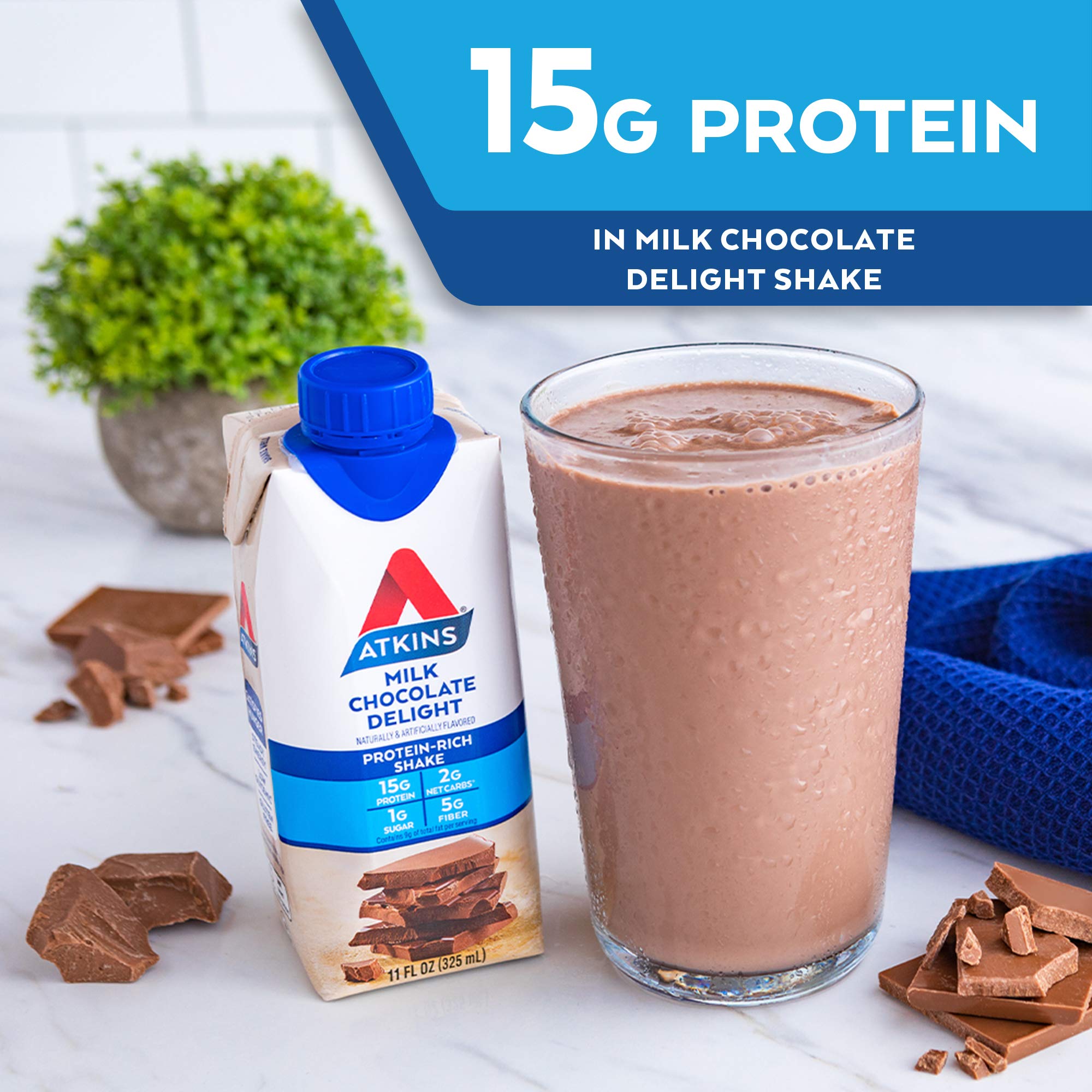 Atkins Milk Chocolate Delight Protein Shake, 15g Protein, Low Glycemic, 2g Net Carb, 1g Sugar, Keto Friendly, 12 Count