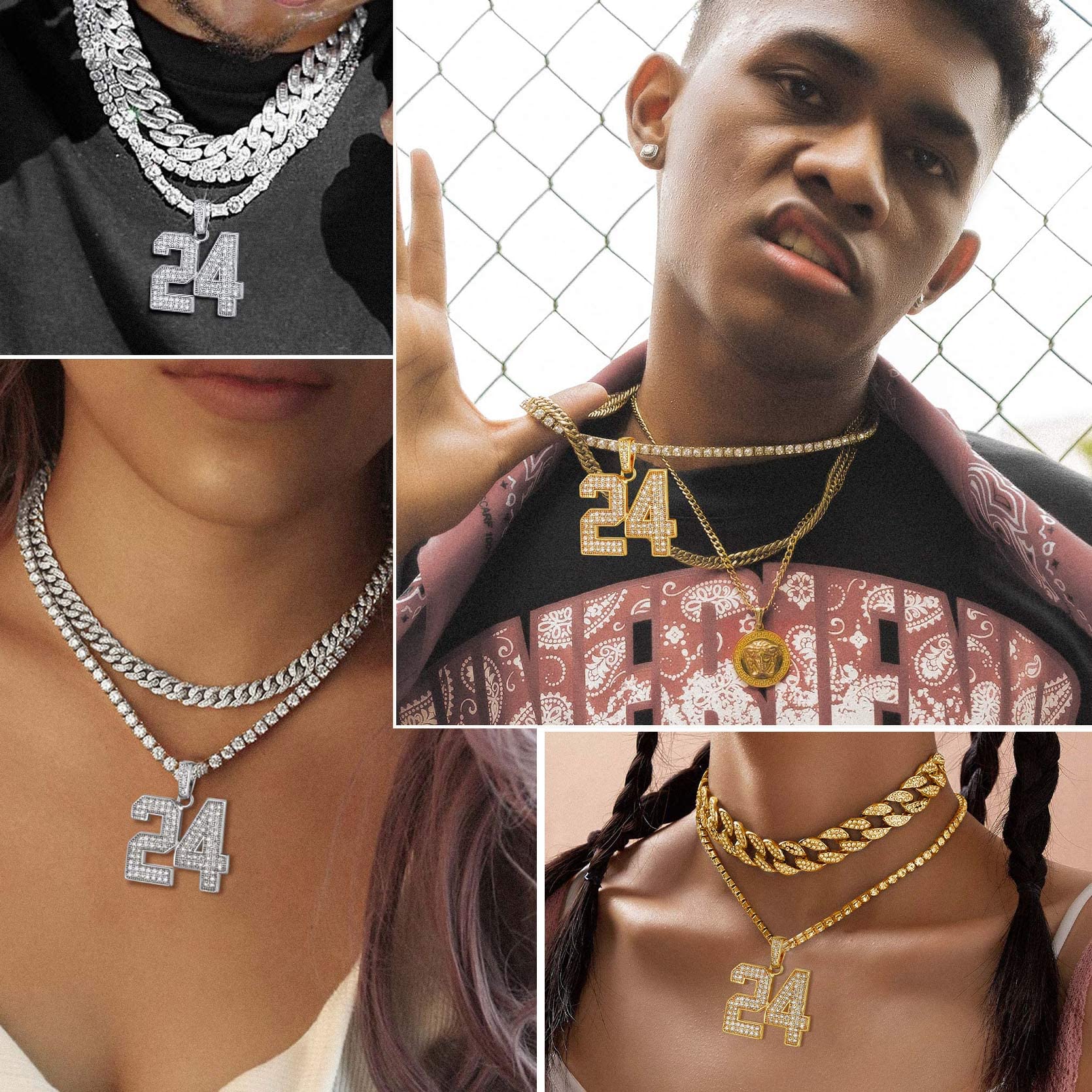 KeyStyle Number Necklaces For Men, Bling Numbers Chain Necklace Hip Hop Simulated Diamond Pendant with Tennis Chain Spiga Chains