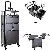 Professional Rolling Train Hair Stylist & Makeup Artist Travel Case w/Extendable Trays, Black, 14.5x9.5x32 Inch (Pack of 1)
