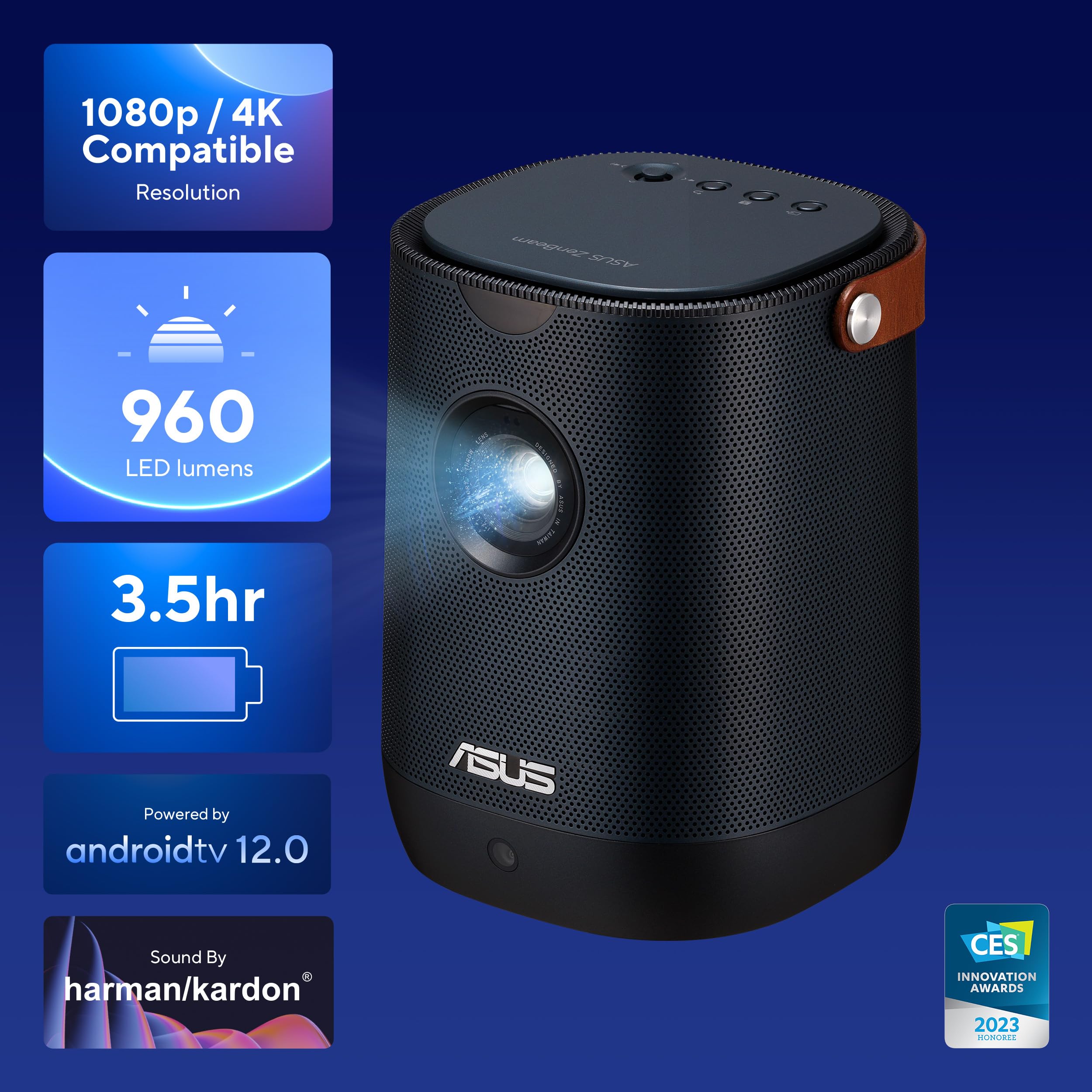 ASUS ZenBeam L2 Smart Portable LED Projector - 960 LED Lumens, 1080P, Chromecast, 10W Bluetooth Speaker, Built-in battery, 3.5 hour Video Playback, Wireless Projection, ASUS Light Wall, Android TV Box