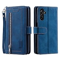 XYX Wallet Case for Samsung A14 5G, Multi-Function Flip Folio 9 Card Slots Phone Case with Zipped Pocket Wrist Strap for Galaxy A14 5G, Blue